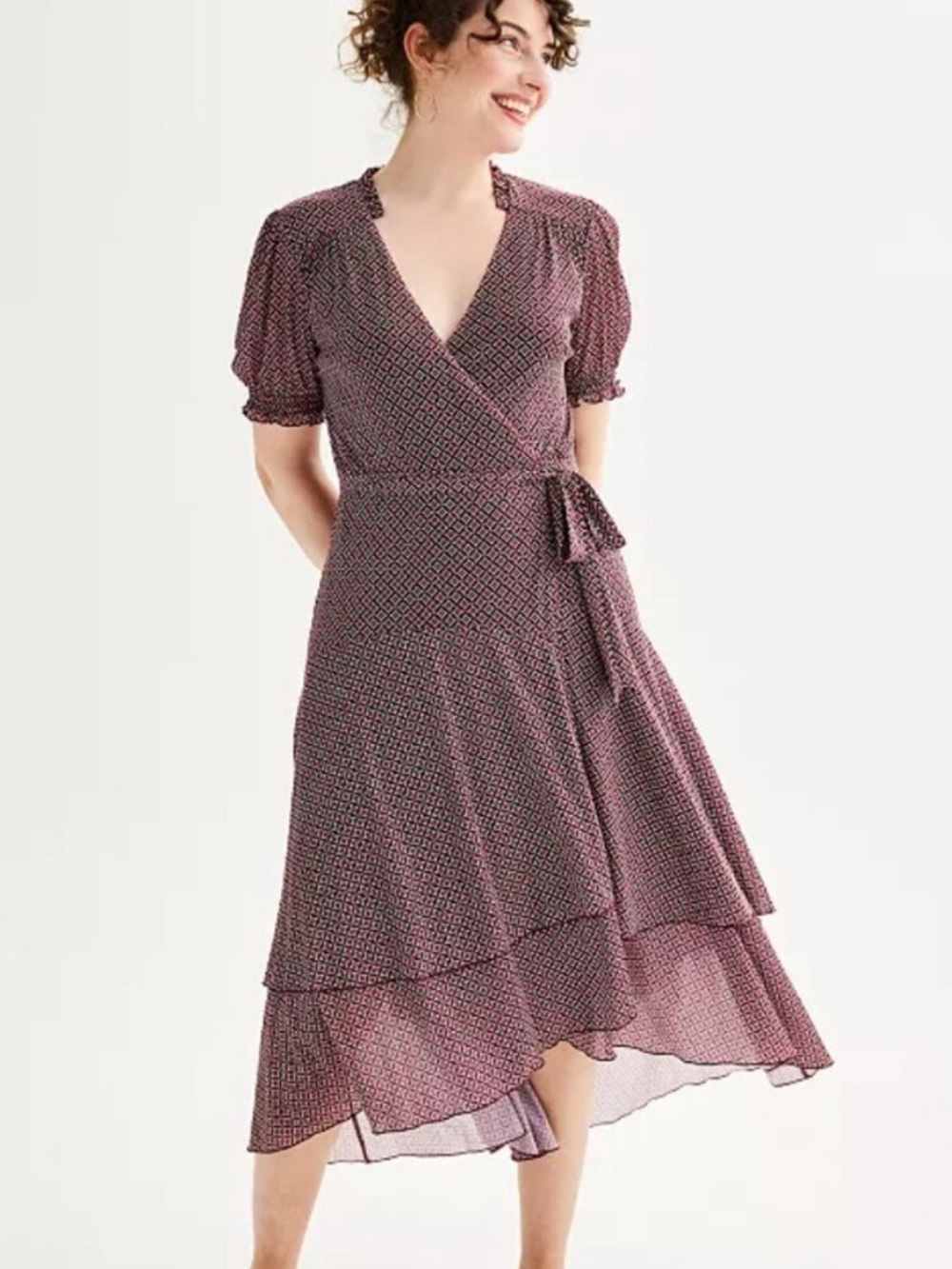 Draper James Puff Sleeve Wrap Dress in Burgundy Geo Size Small